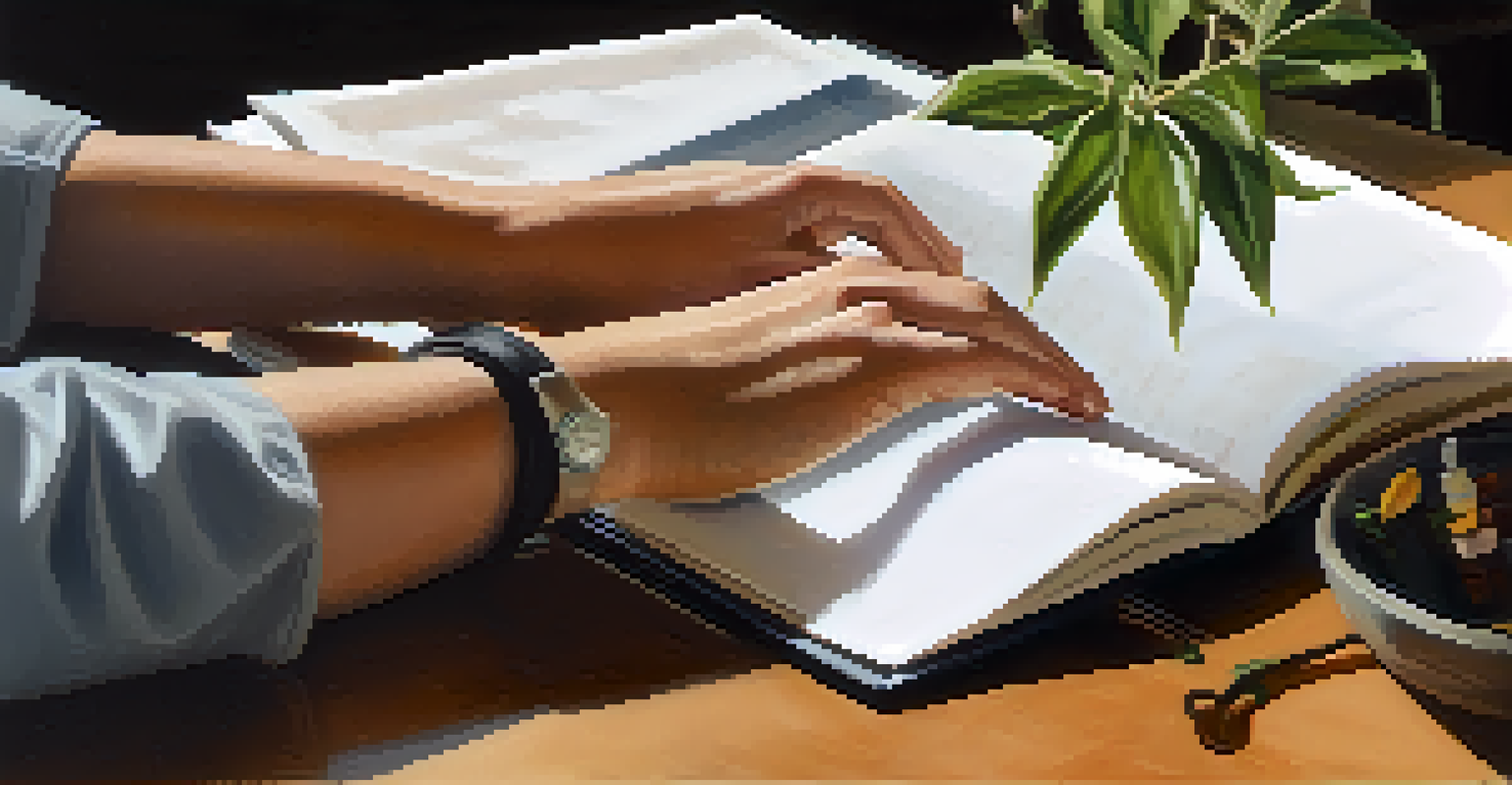 A close-up of a therapist's hands guiding a participant, with a notebook and calming elements in the background.