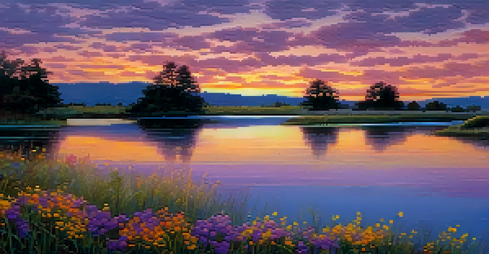 A peaceful lake at sunset with colorful reflections and blooming wildflowers in the foreground.
