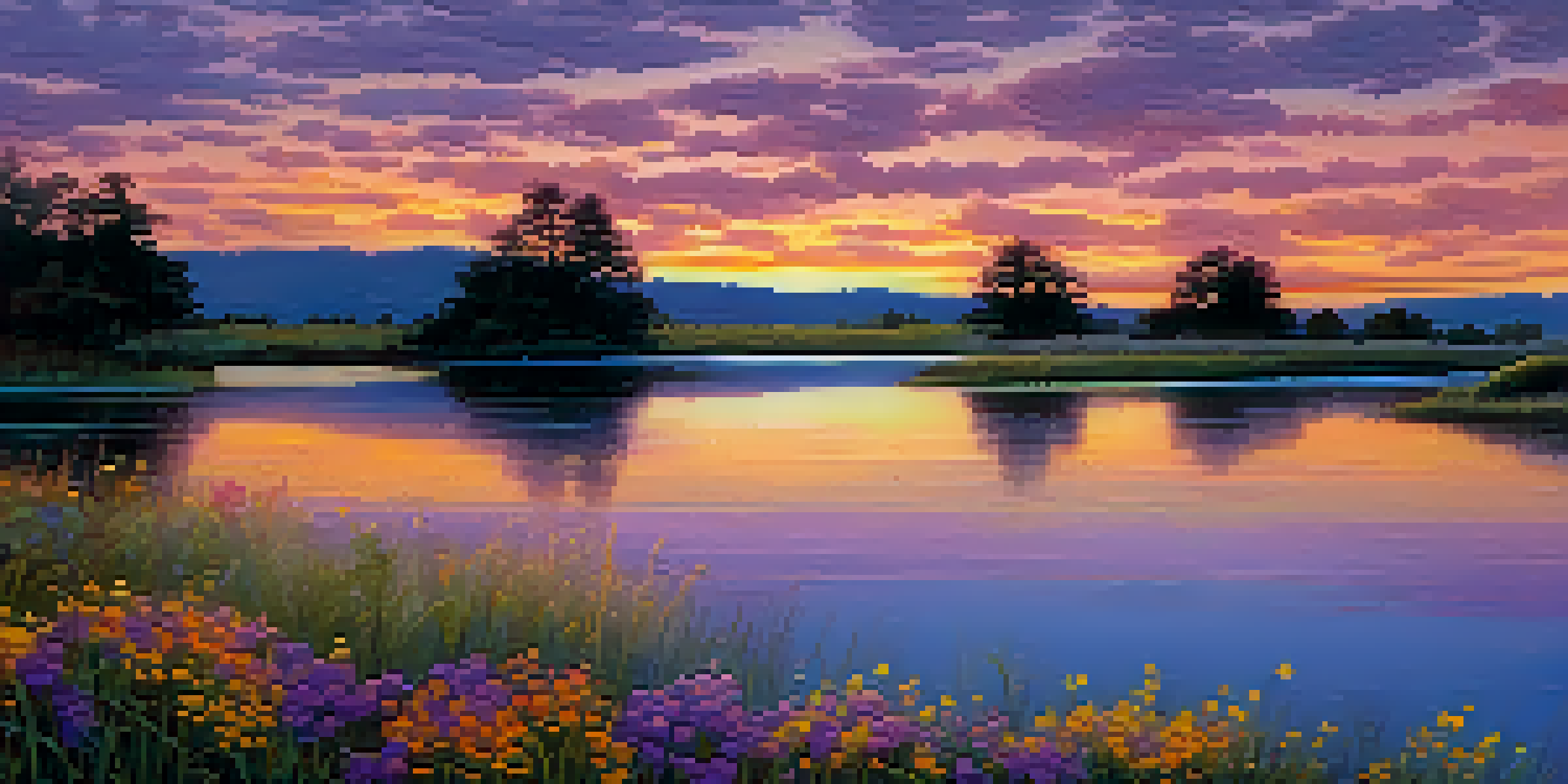 A peaceful lake at sunset with colorful reflections and blooming wildflowers in the foreground.