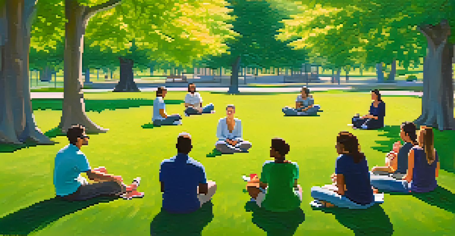 A group of individuals sitting in a circle in a park, sharing experiences in a supportive outdoor environment.