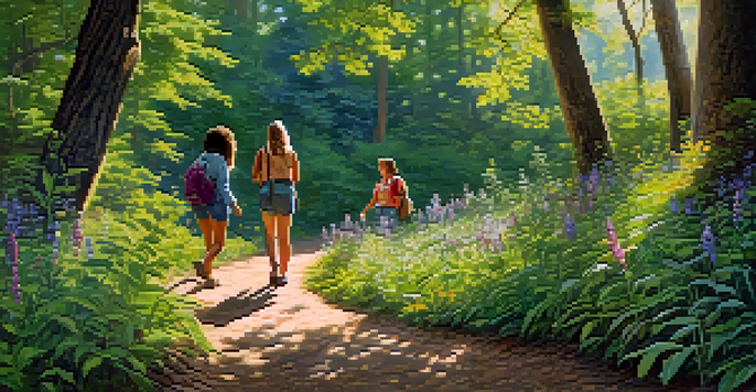 A group of friends hiking in a sunlit forest, surrounded by greenery and wildflowers.