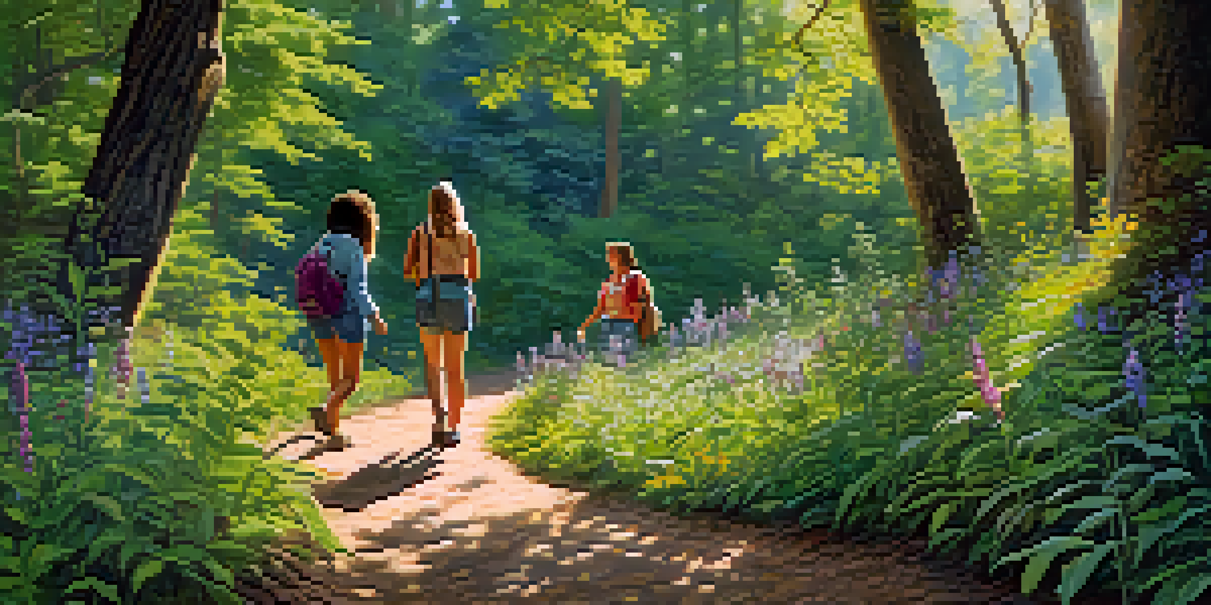 A group of friends hiking in a sunlit forest, surrounded by greenery and wildflowers.