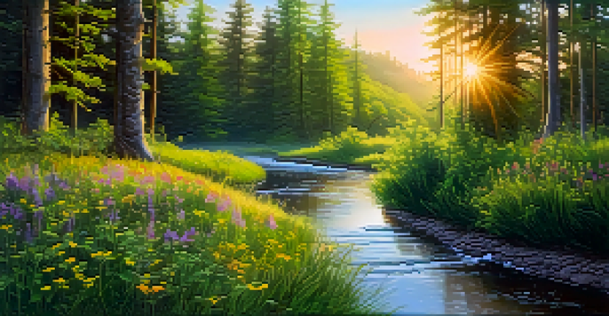 A peaceful forest at dawn with sunlight streaming through the trees and a stream in the foreground.