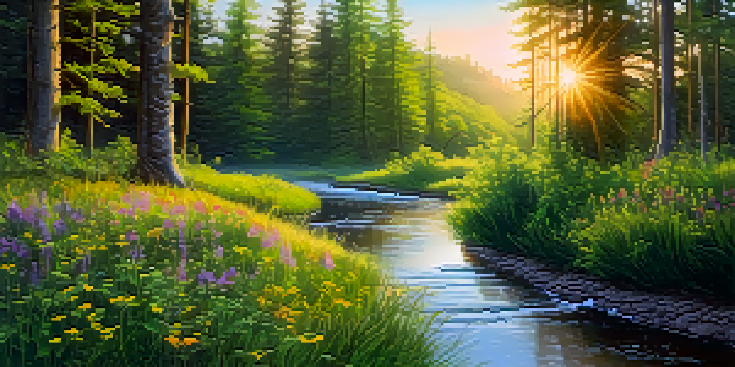 A peaceful forest at dawn with sunlight streaming through the trees and a stream in the foreground.