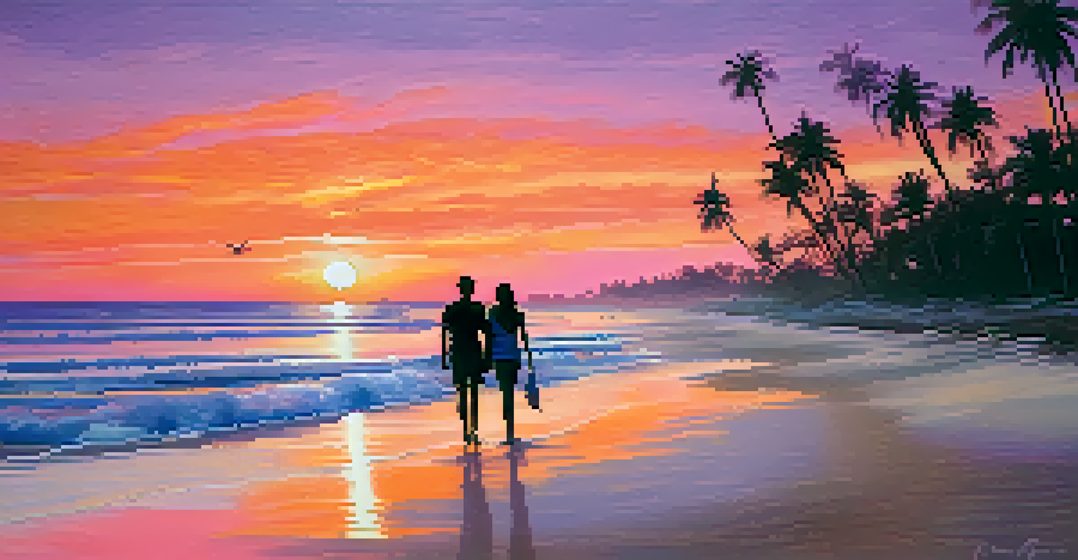 A beautiful beach at sunset with vibrant colors in the sky, gentle waves on the shore, and a couple walking along the water.
