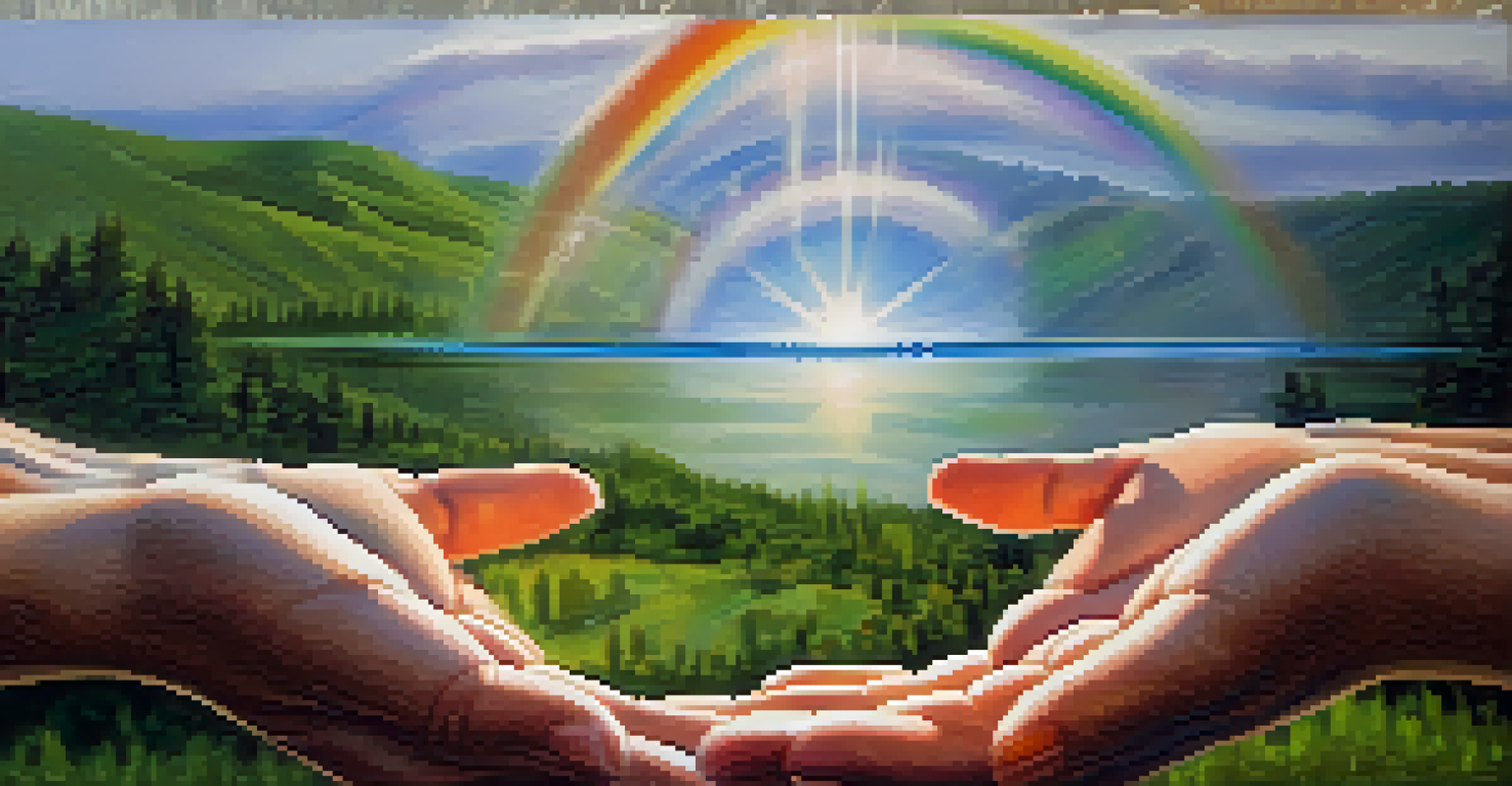 Close-up of hands holding a colorful droplet of water against a blurred natural background.