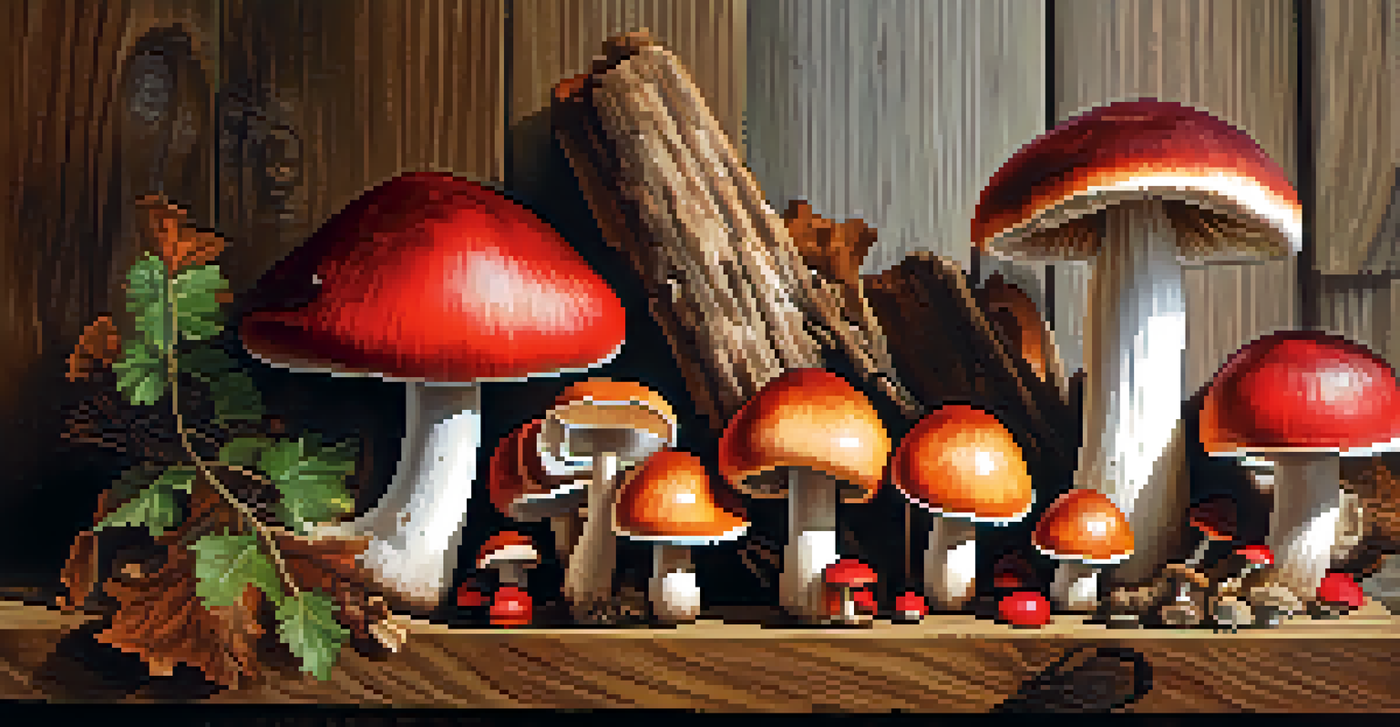 A beautiful still life of colorful mushrooms on a wooden table with soft lighting.
