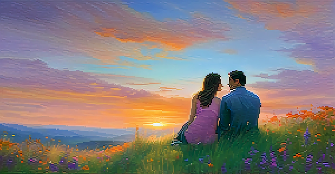 A couple sitting on a hilltop during sunset, surrounded by wildflowers, sharing a moment of connection.