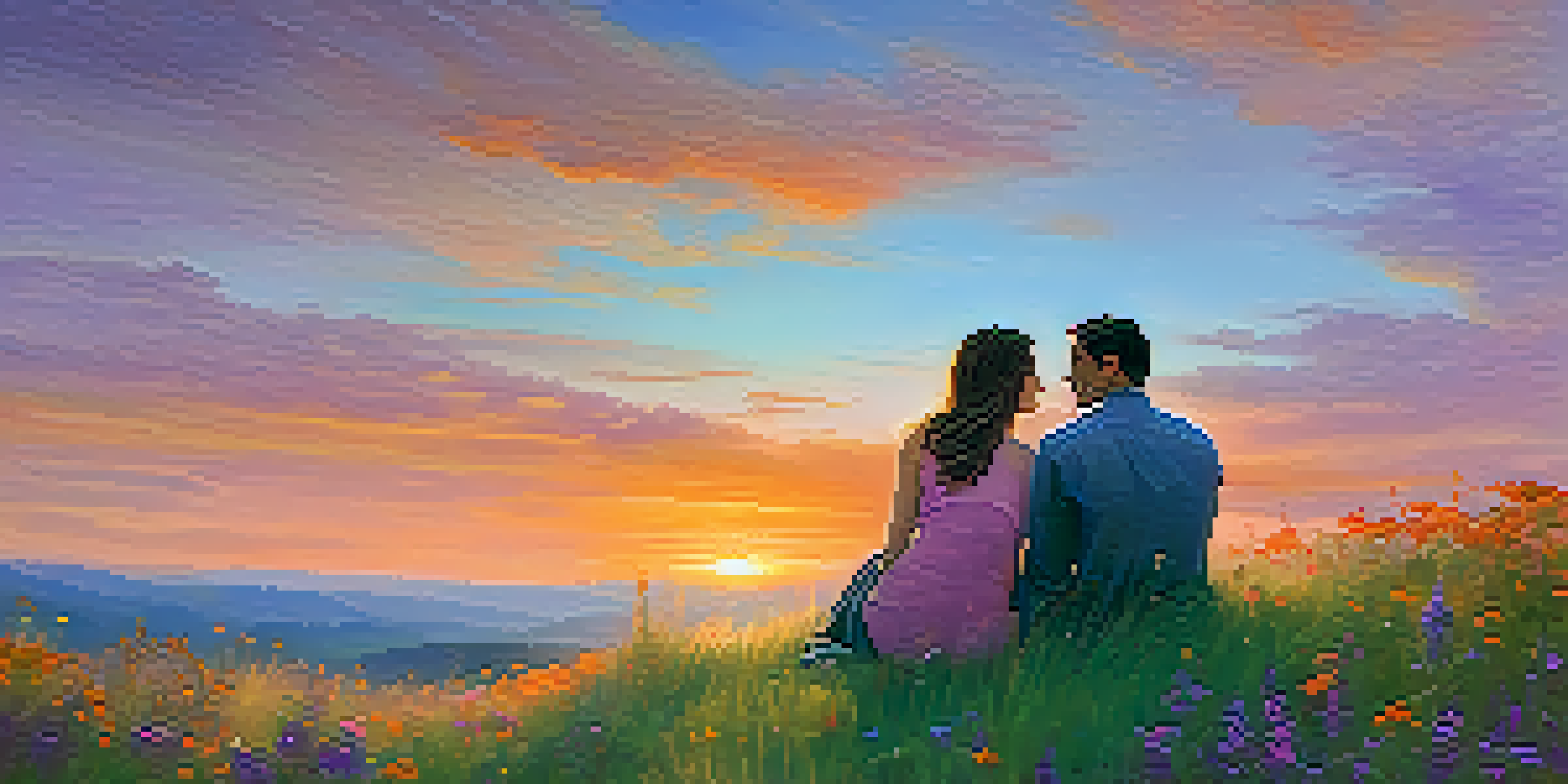 A couple sitting on a hilltop during sunset, surrounded by wildflowers, sharing a moment of connection.