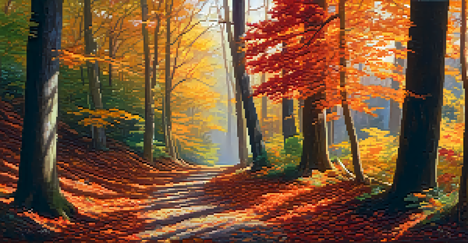 A vibrant autumn forest with colorful leaves, sunlight filtering through the trees, and a winding path.
