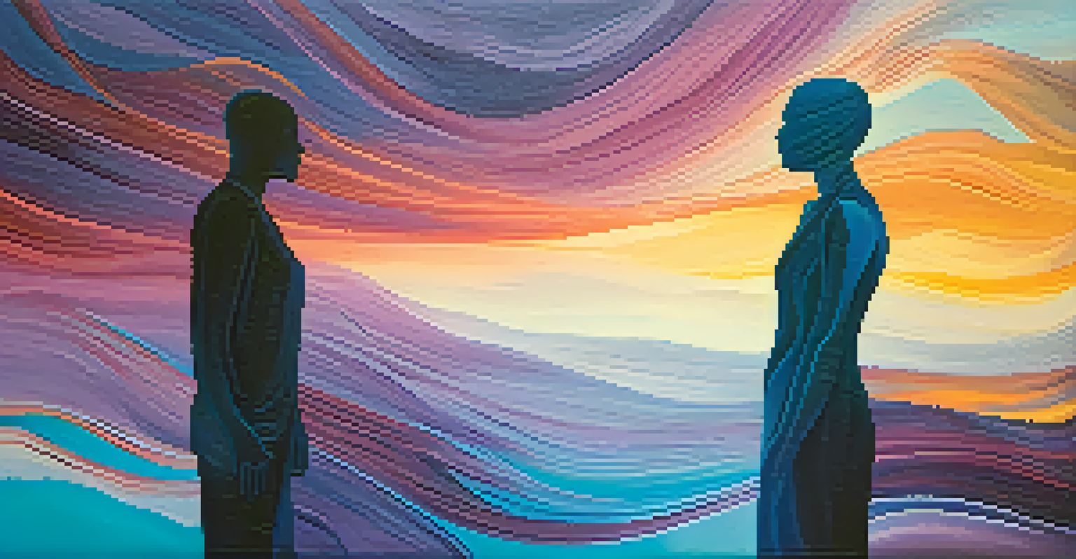 An abstract image of interconnected human silhouettes with vibrant colors representing empathy and emotional connection.