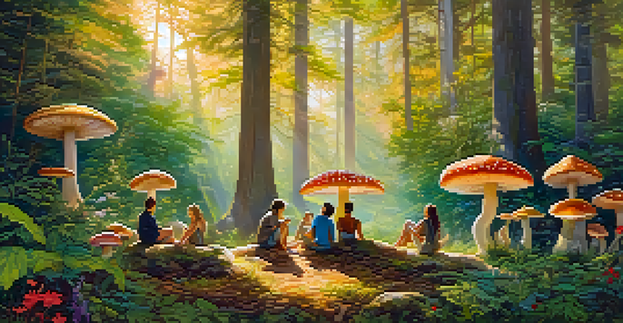 A peaceful forest with sunlight shining through the trees, where a diverse group of people sit in a circle on the ground, surrounded by mushrooms and wildflowers, representing a guided experience in nature.