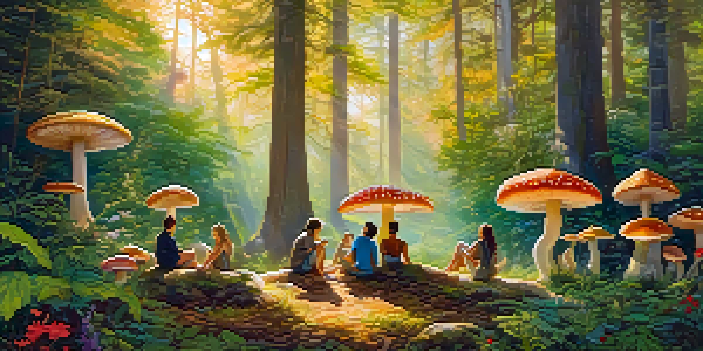 A peaceful forest with sunlight shining through the trees, where a diverse group of people sit in a circle on the ground, surrounded by mushrooms and wildflowers, representing a guided experience in nature.