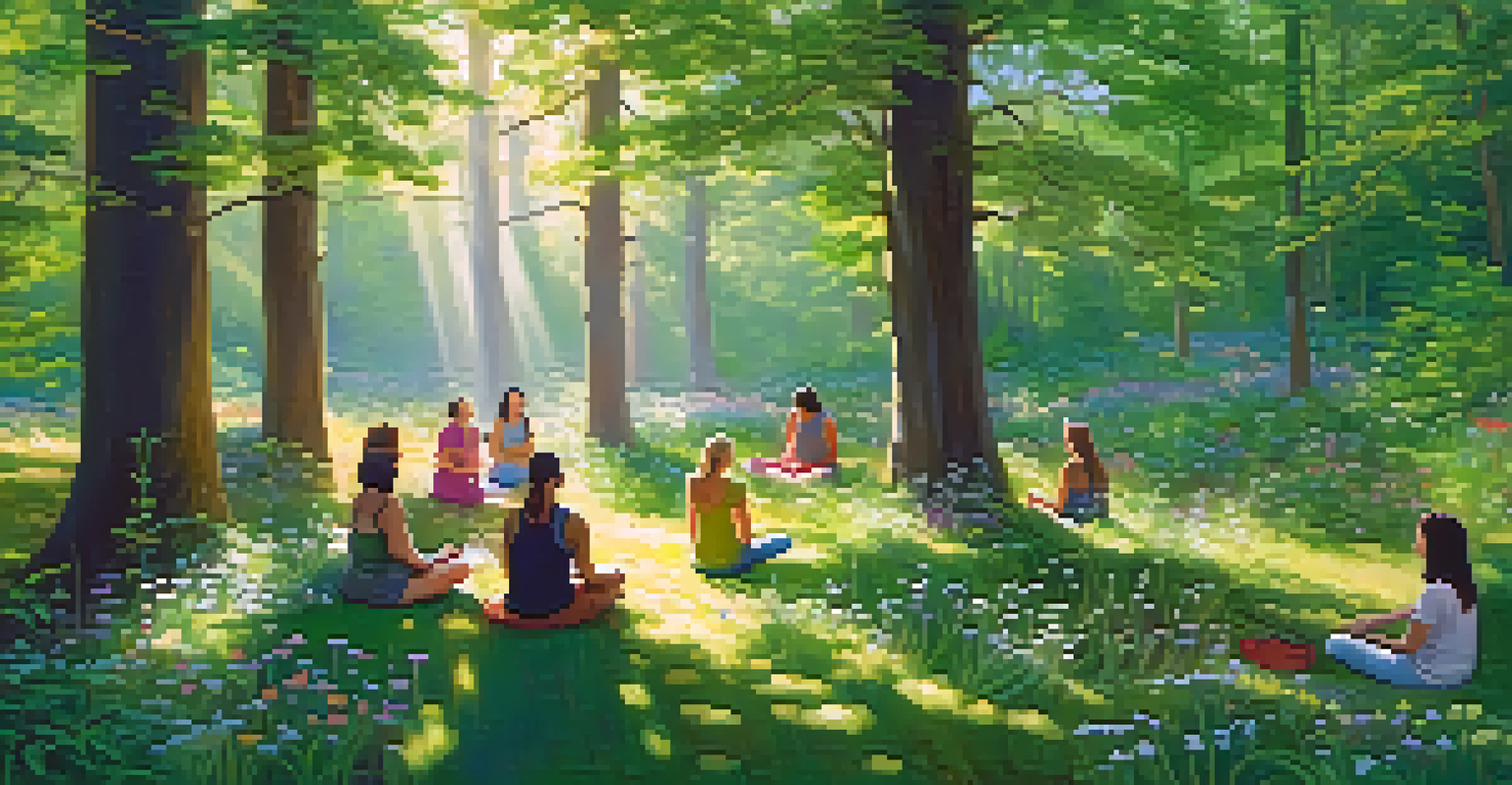 A peaceful forest scene featuring people meditating in a sunny clearing, surrounded by green trees and colorful flowers.