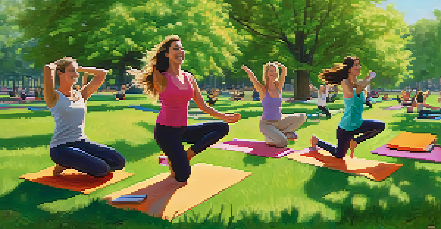 A group of friends exercising together in a sunny park, practicing yoga on colorful mats, surrounded by nature.