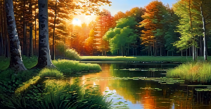 A peaceful forest with sunlight filtering through the leaves, a calm pond reflecting the sunset colors, and tall trees in the background.