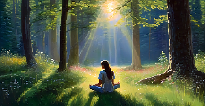 A person meditating in a sunlit forest clearing filled with wildflowers, surrounded by tall trees.