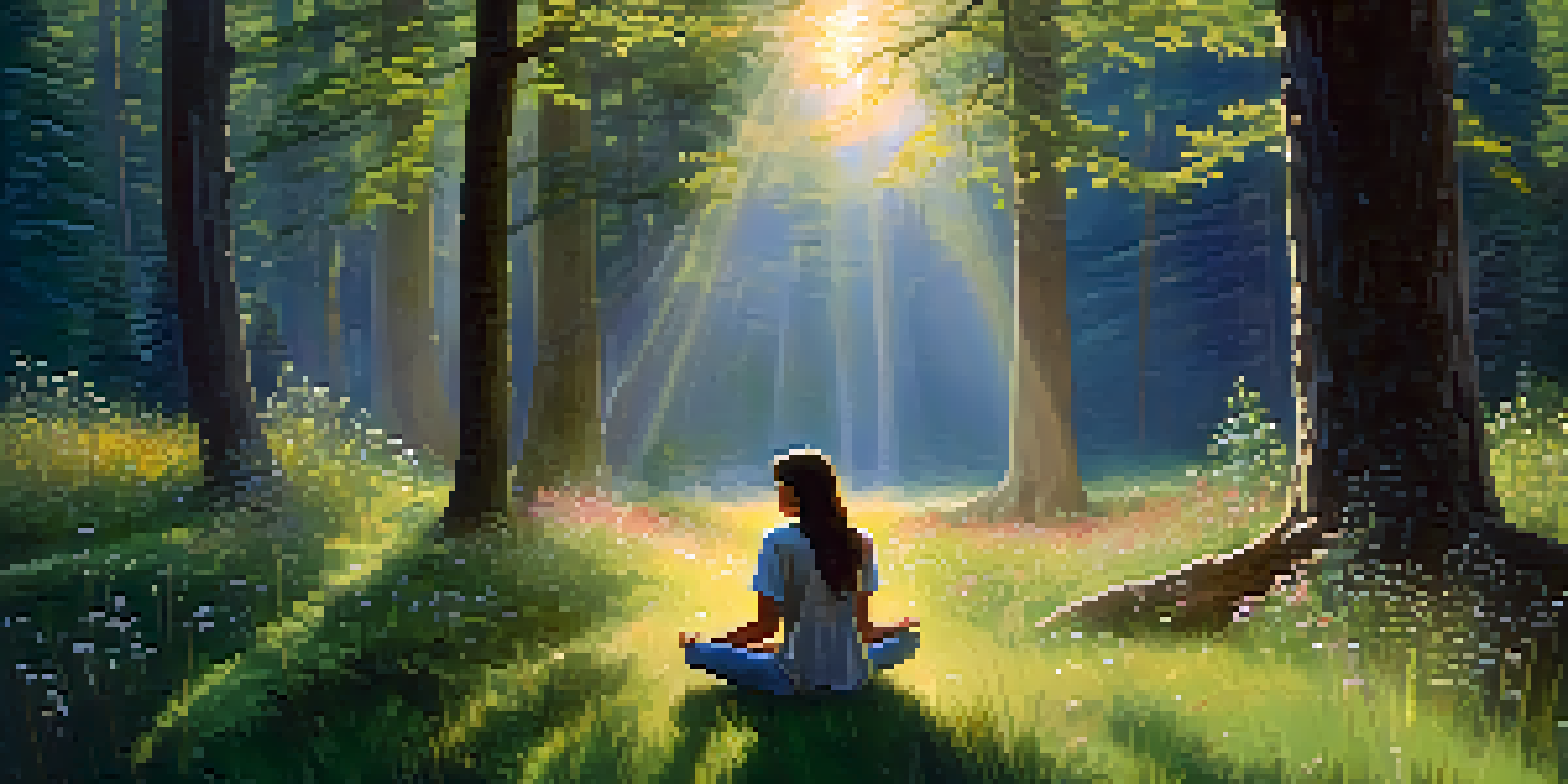 A person meditating in a sunlit forest clearing filled with wildflowers, surrounded by tall trees.