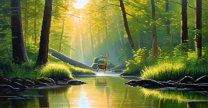 A tranquil forest at sunrise with golden light, a stream, and a deer near the water.
