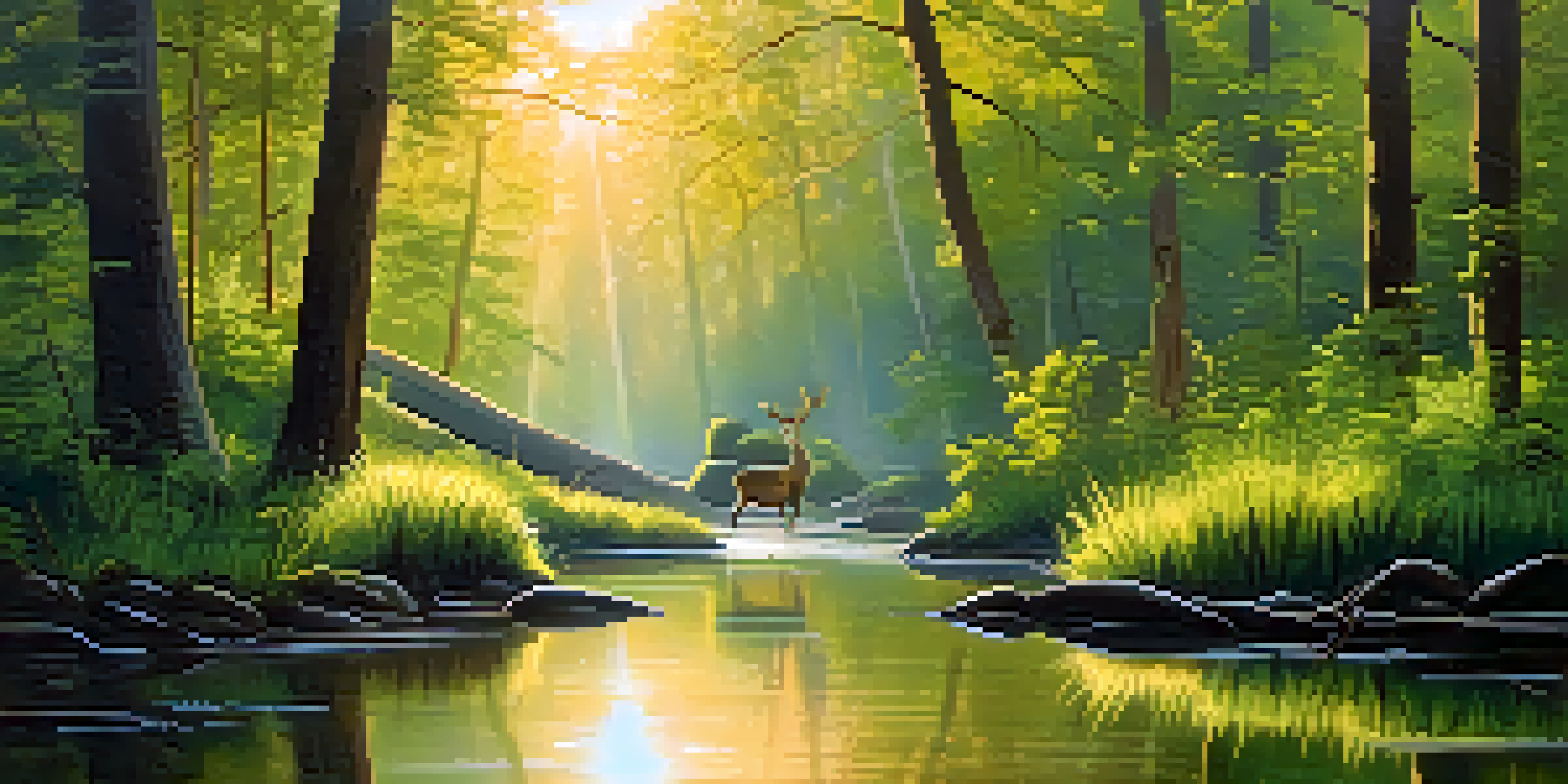 A tranquil forest at sunrise with golden light, a stream, and a deer near the water.