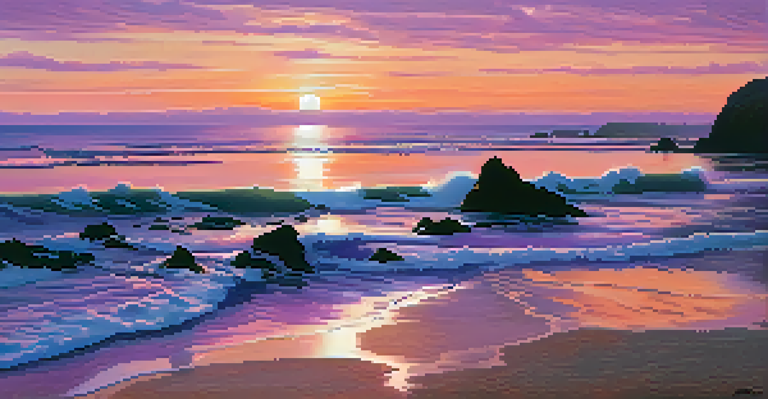 A beautiful sunset over the ocean with waves, sandy beach, and colorful sky.