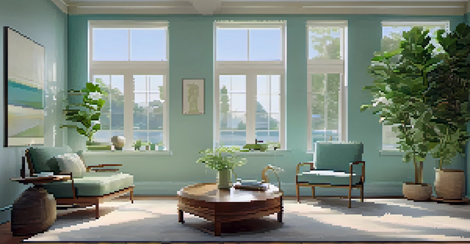 A calming therapy room with natural light, comfortable seating, and cultural art pieces.