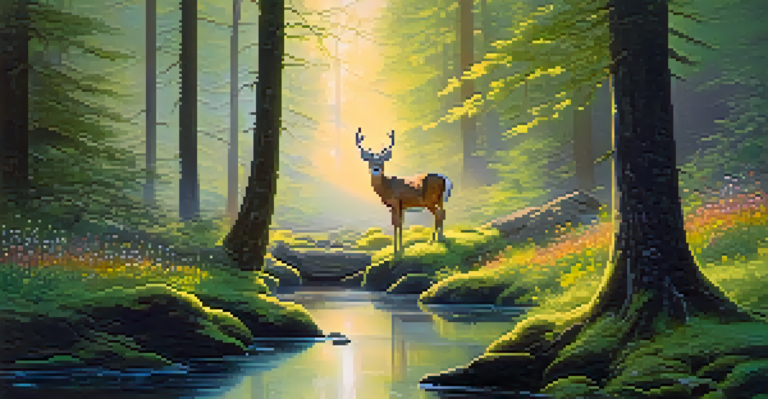A peaceful forest at dawn with sunlight filtering through trees, moss-covered ground, wildflowers, and a deer near a stream.