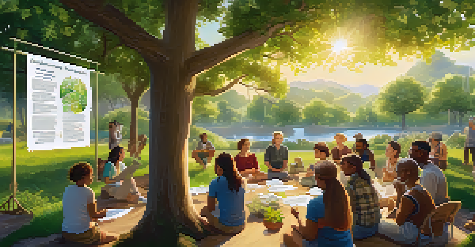 An outdoor workshop with a diverse group of people discussing climate action, surrounded by trees and plants, with colorful banners about sustainability in the background, illuminated by warm sunlight.