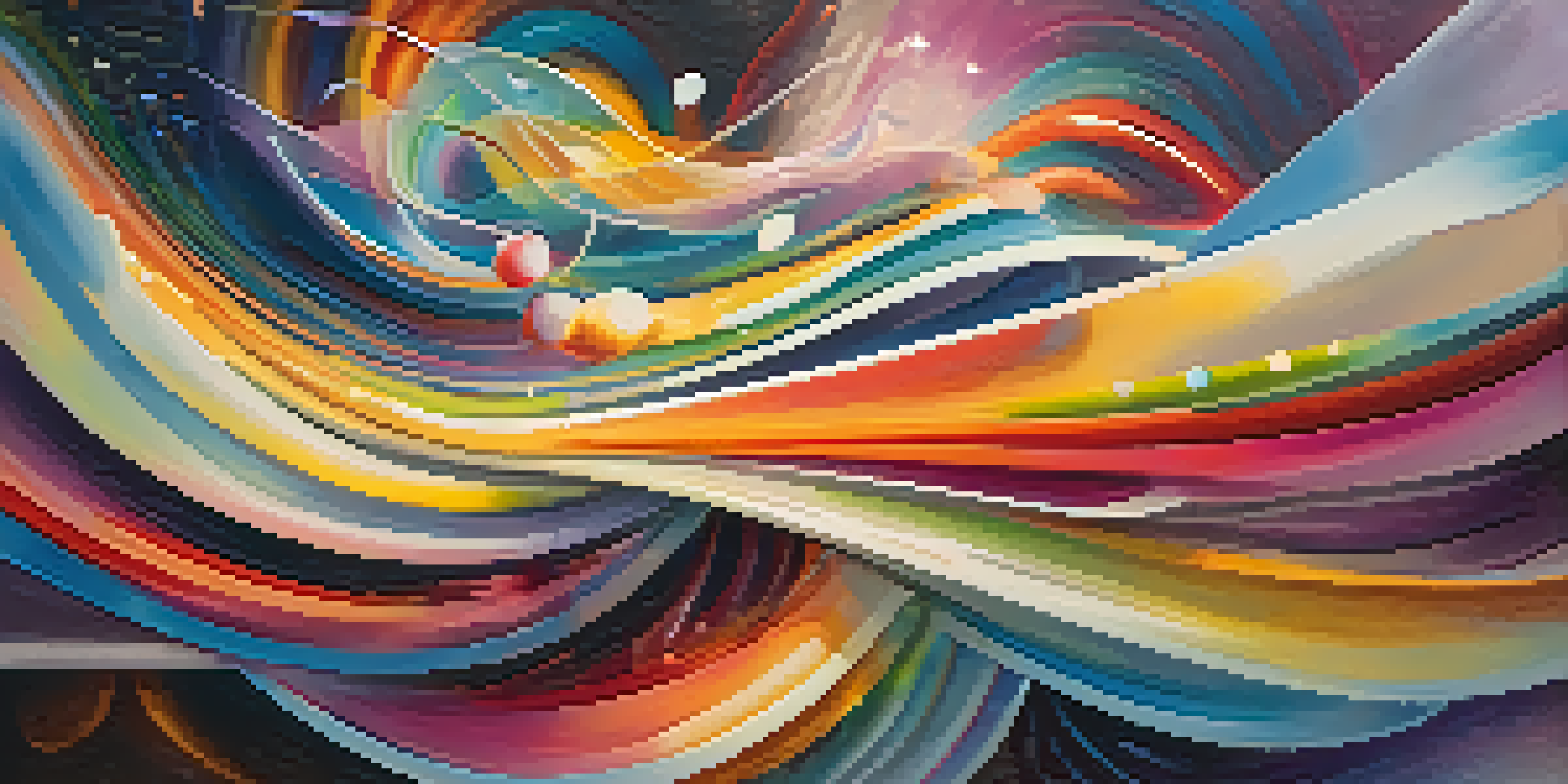 An abstract image illustrating synesthesia with colorful waves and musical notes blending into shapes, creating a dreamlike atmosphere.