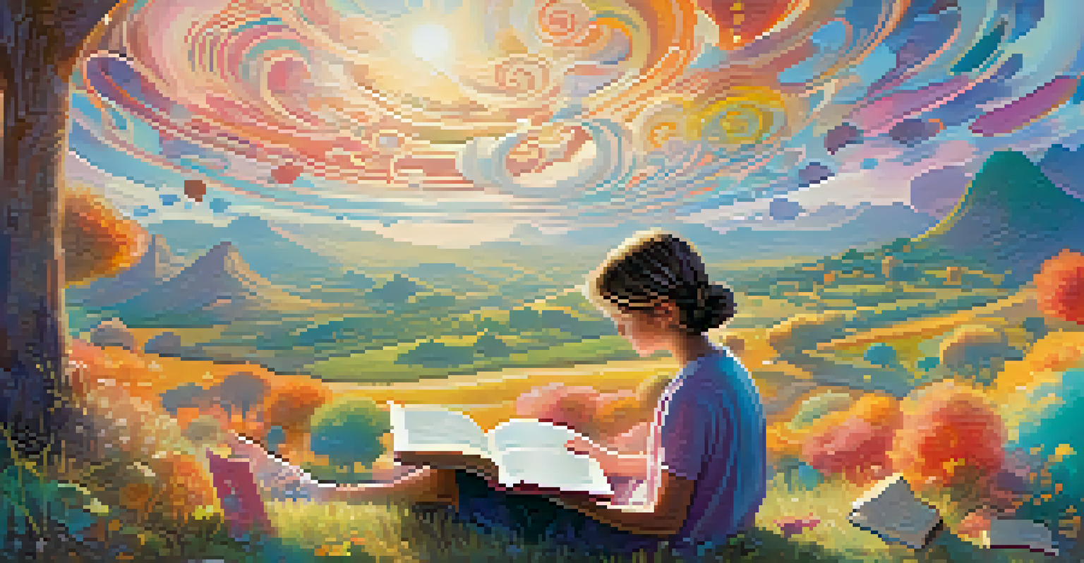 An imaginative illustration of a person reading a book, with colorful characters and scenes coming to life, set against a dreamy landscape.
