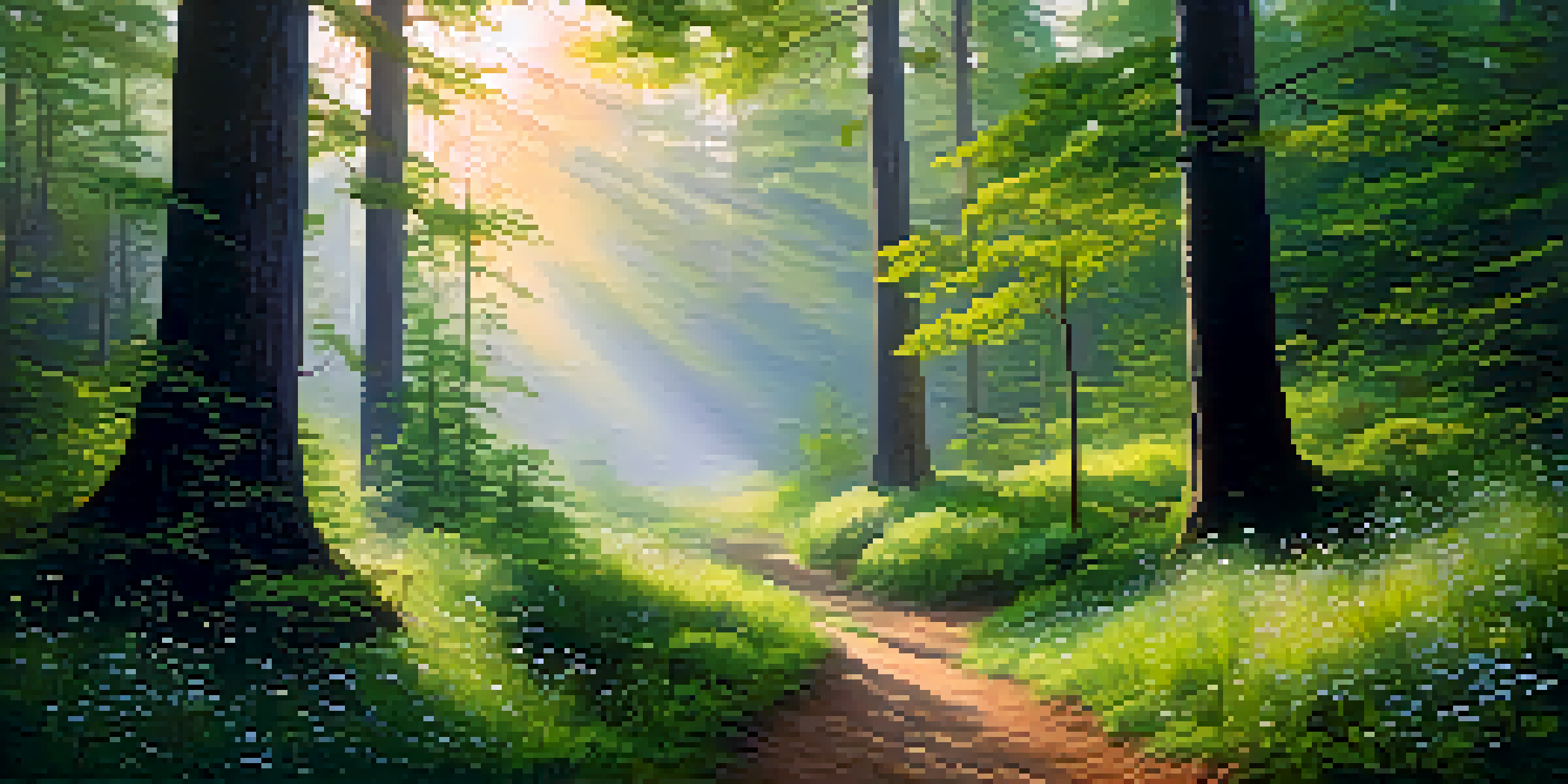 A tranquil forest at dawn with mist, sunlight peeking through trees, green plants, and a path.
