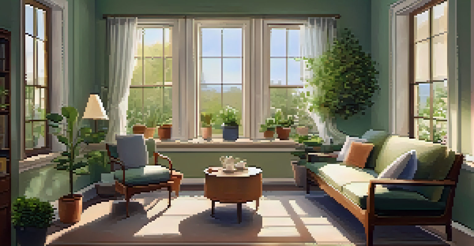 A cozy therapy room with comfortable seating and plants, softly lit and inviting, with a view of a peaceful garden outside.