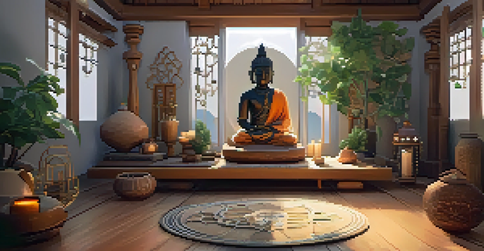 A calming space with cushions, plants, and musical instruments, designed for meditation and reflection.