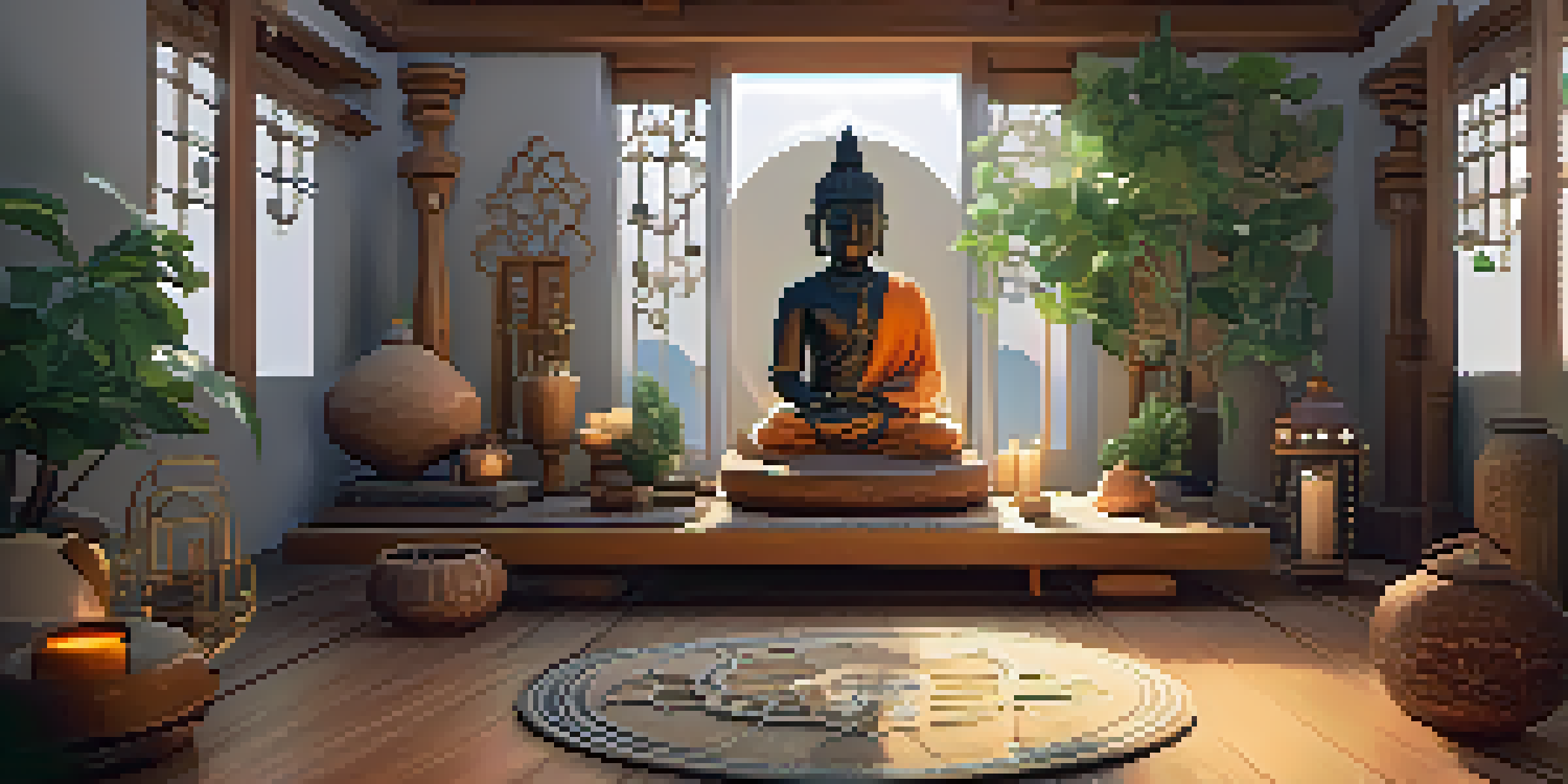 A calming space with cushions, plants, and musical instruments, designed for meditation and reflection.