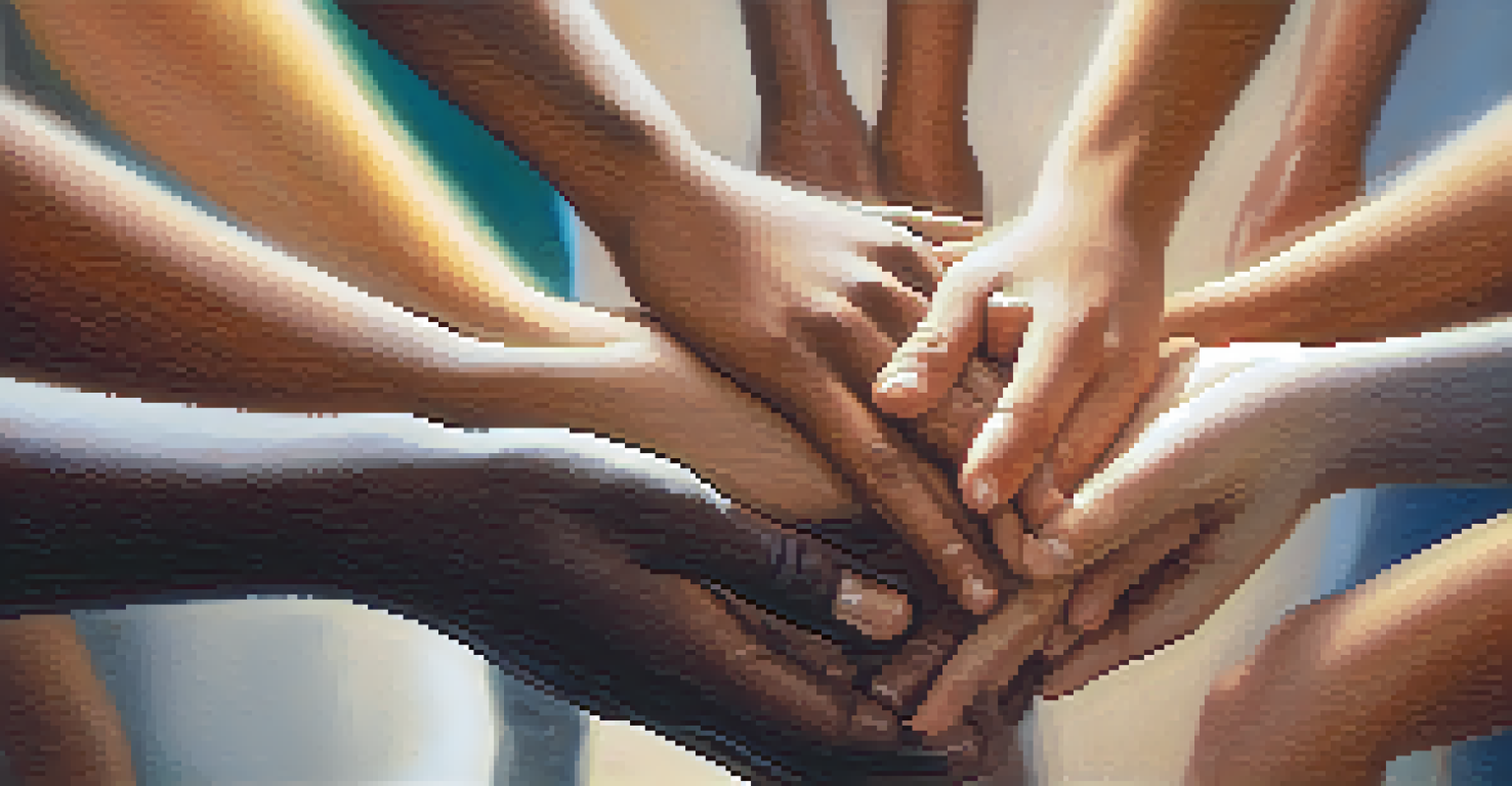 A close-up of diverse hands reaching towards each other, symbolizing support and connection in a group therapy context.