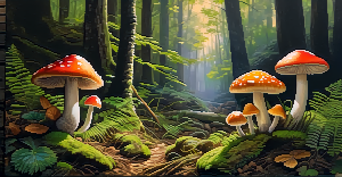 A close-up of colorful mushrooms in a sunlit forest, with green foliage and soft moss around them.