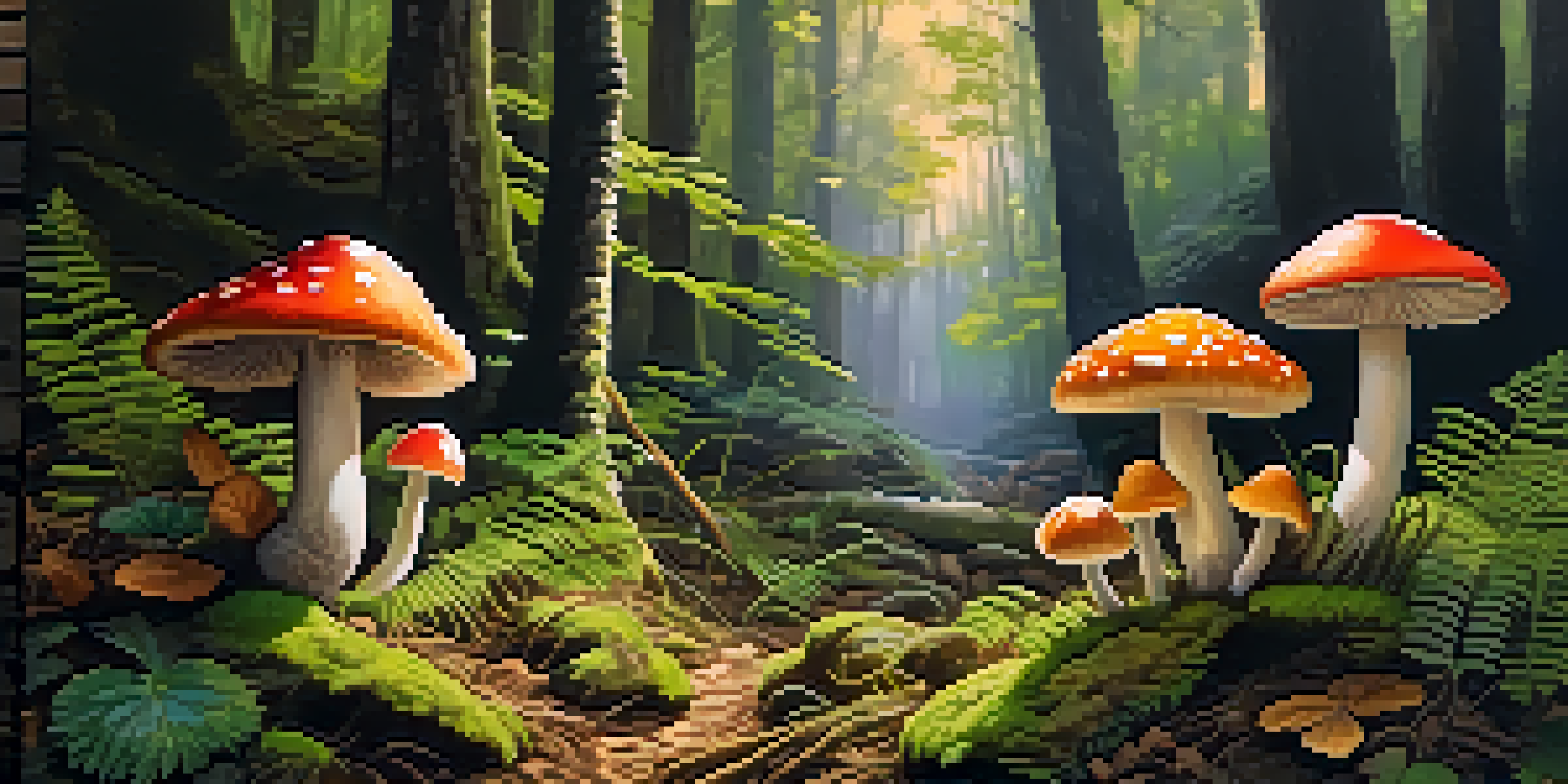 A close-up of colorful mushrooms in a sunlit forest, with green foliage and soft moss around them.