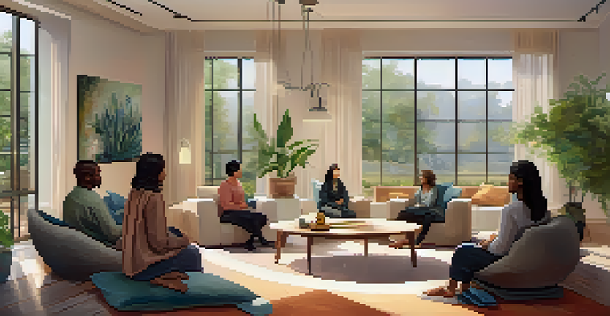 A group therapy session with participants seated in a circle, sharing their experiences in a warm and inviting room filled with natural light.