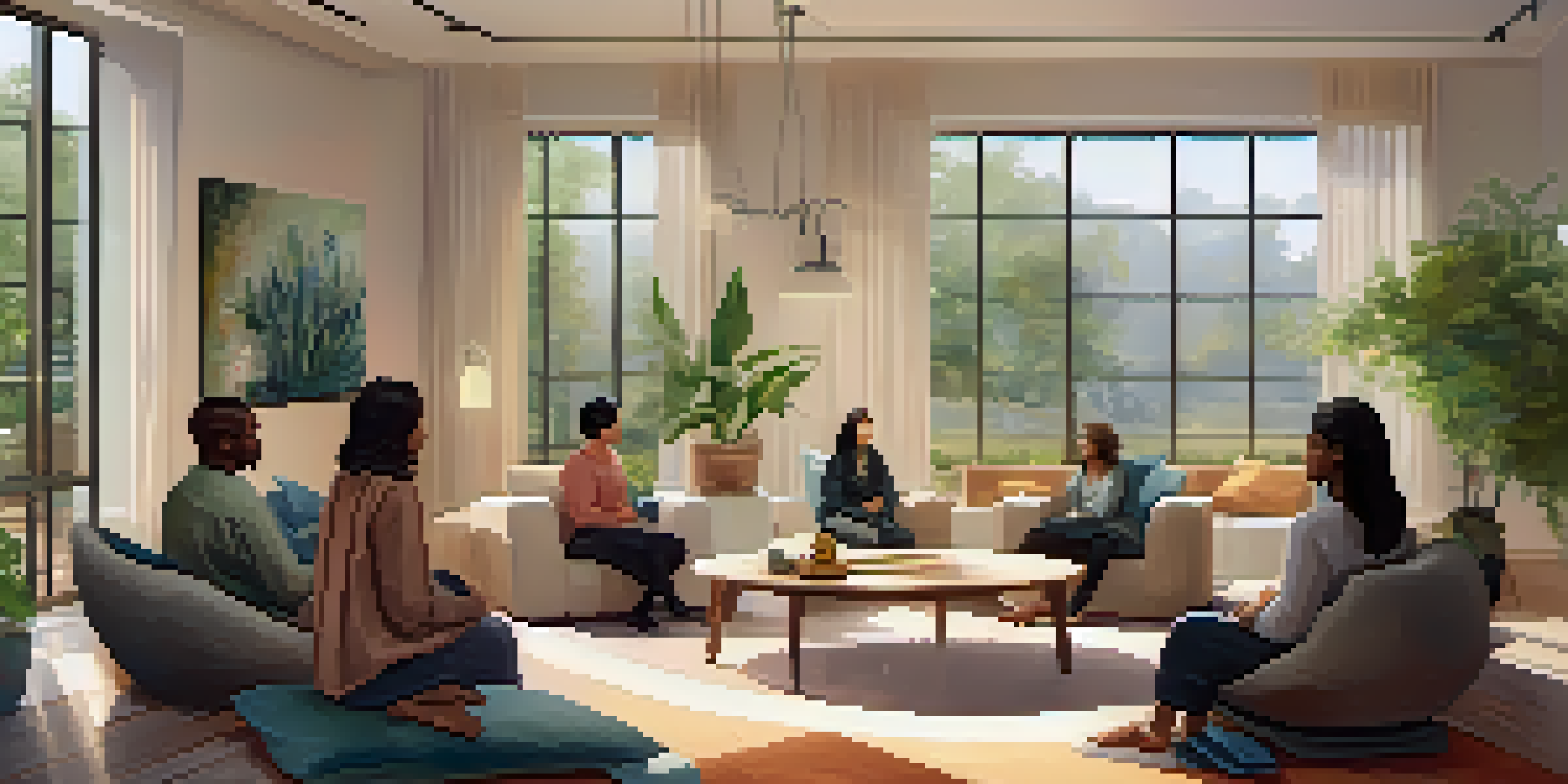 A group therapy session with participants seated in a circle, sharing their experiences in a warm and inviting room filled with natural light.