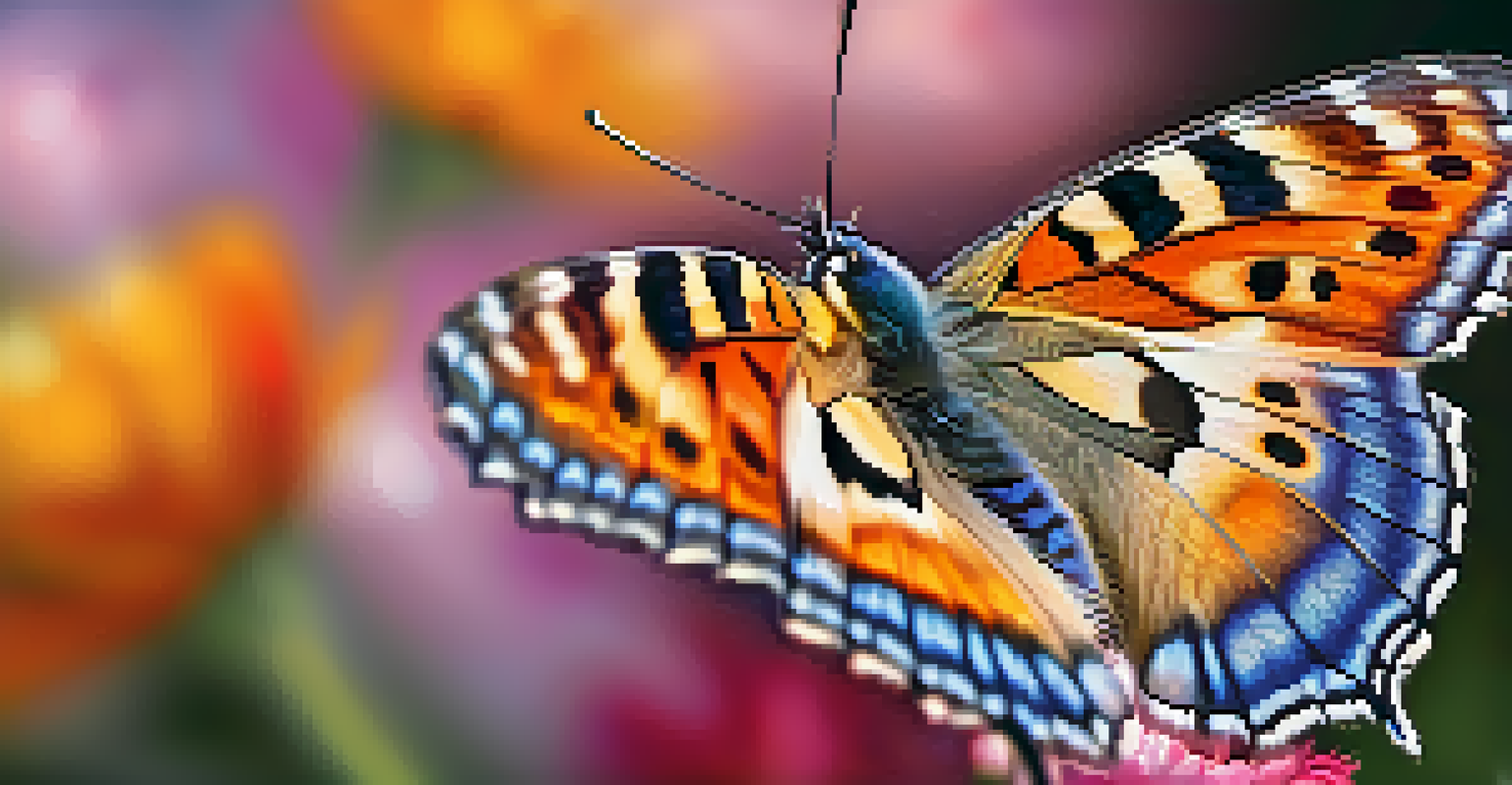 A close-up of a colorful butterfly on a flower, highlighting the intricate patterns on its wings and the soft petals.