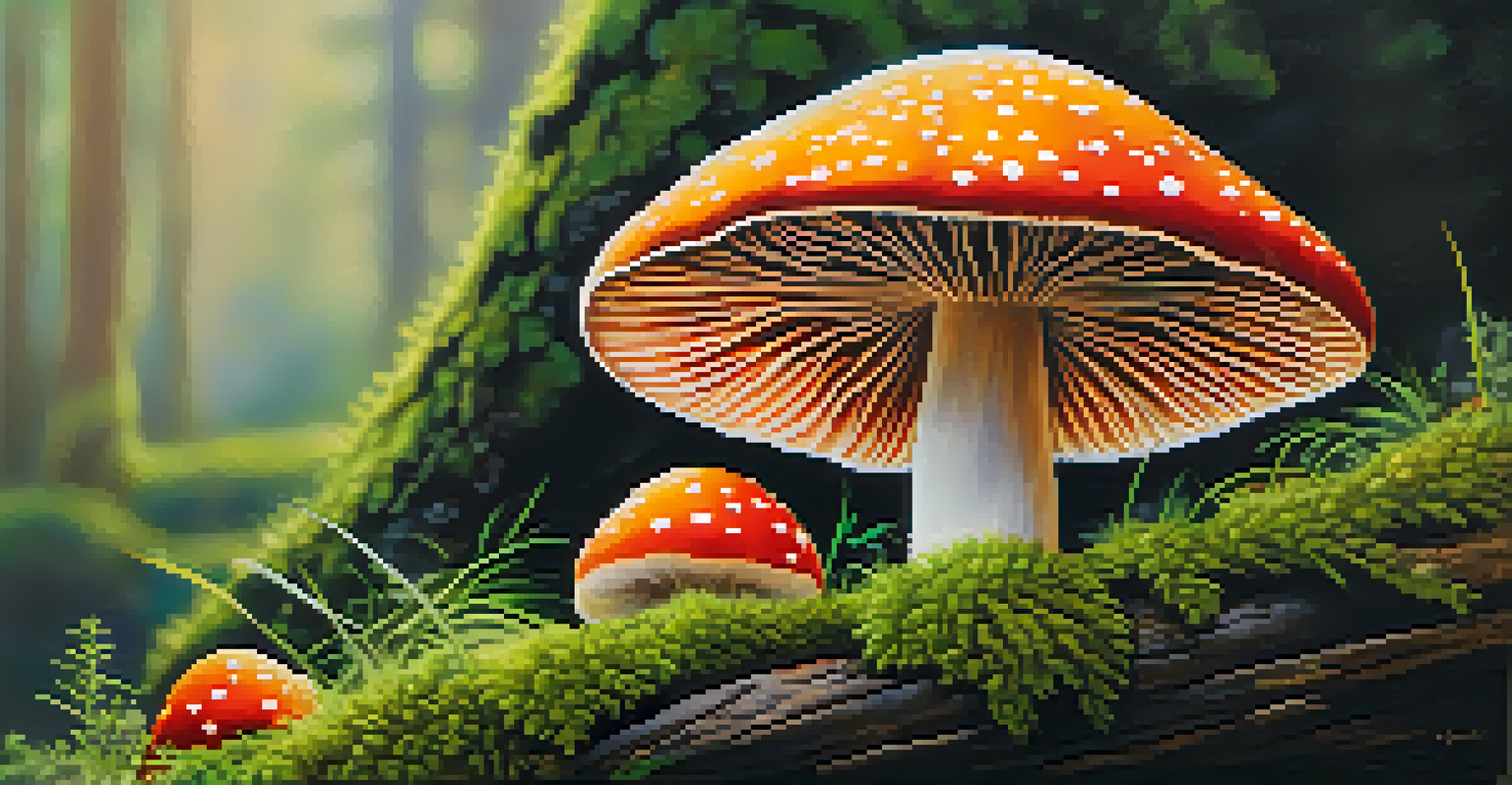 A close-up of a vibrant mushroom on a mossy log with intricate textures.