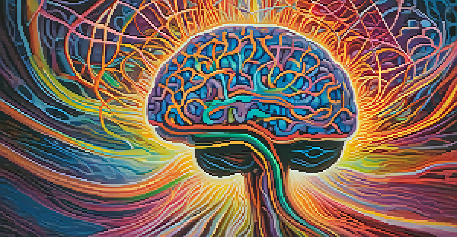 An abstract depiction of a brain with colorful neural connections surrounded by swirling patterns and bright colors, symbolizing psychedelia.