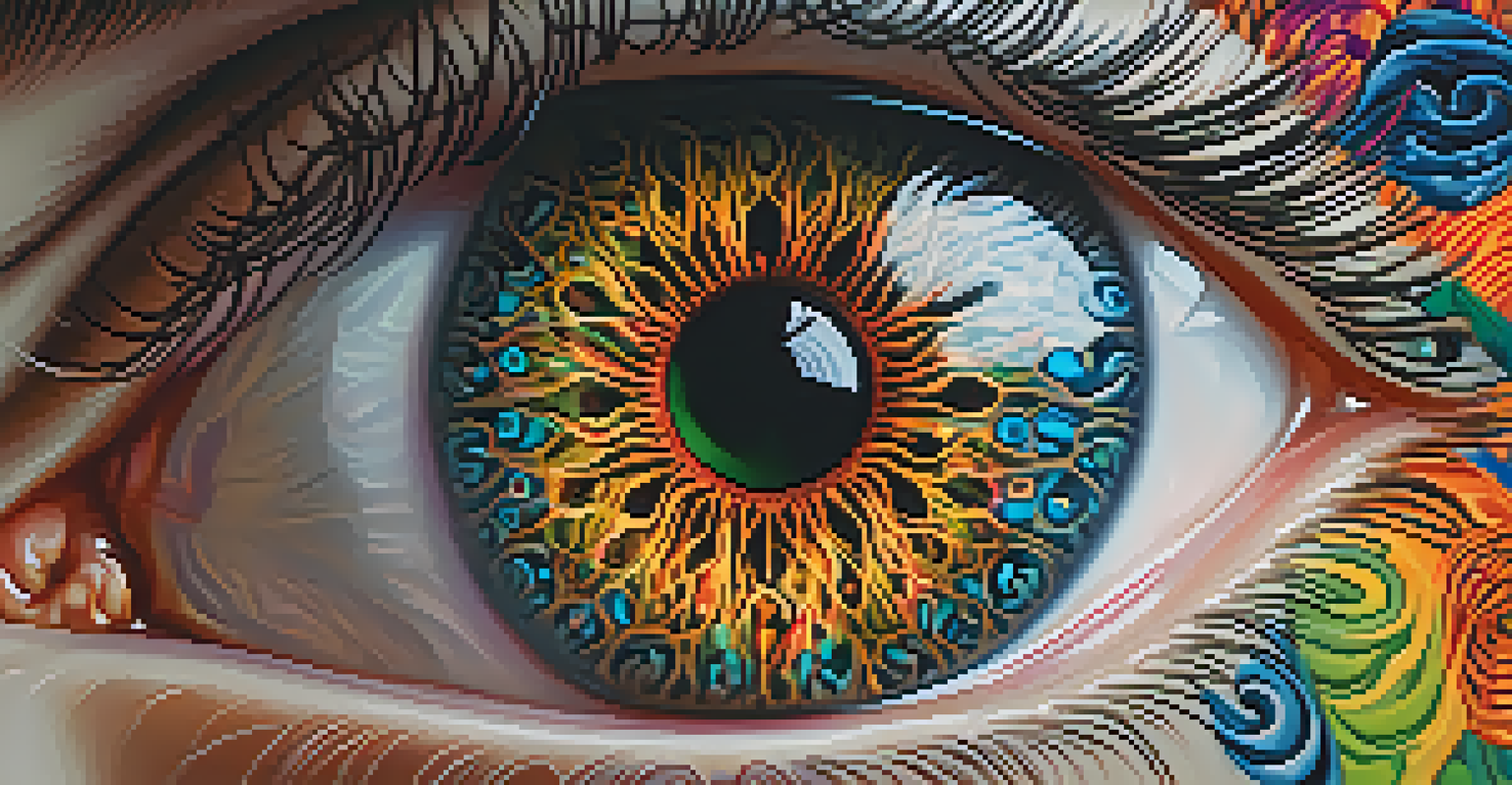 A close-up of an eye displaying colorful fractal patterns in the iris, representing introspection and altered consciousness.