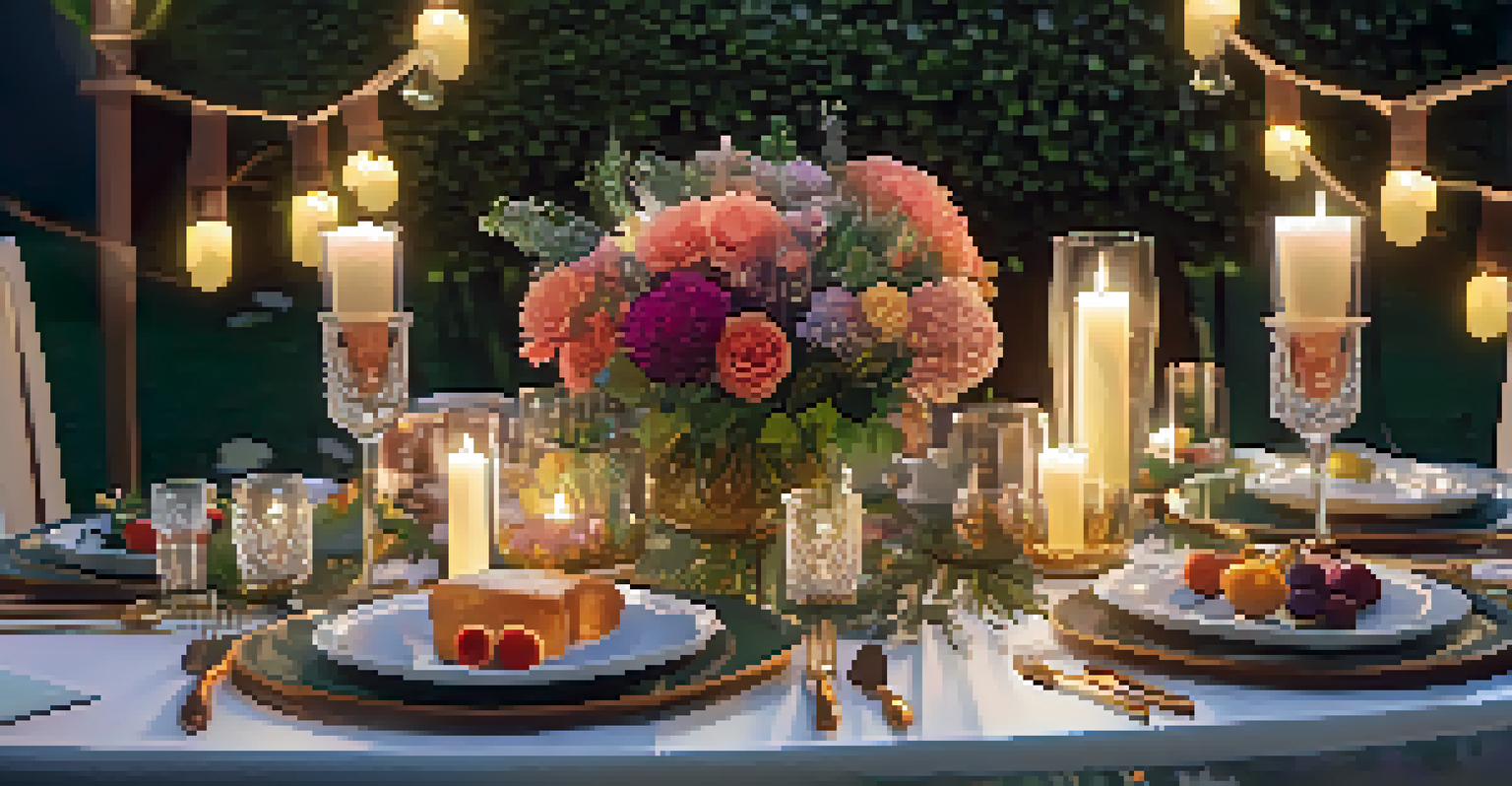 A beautifully arranged outdoor dining table for dinner with candles, flowers, and string lights during twilight.