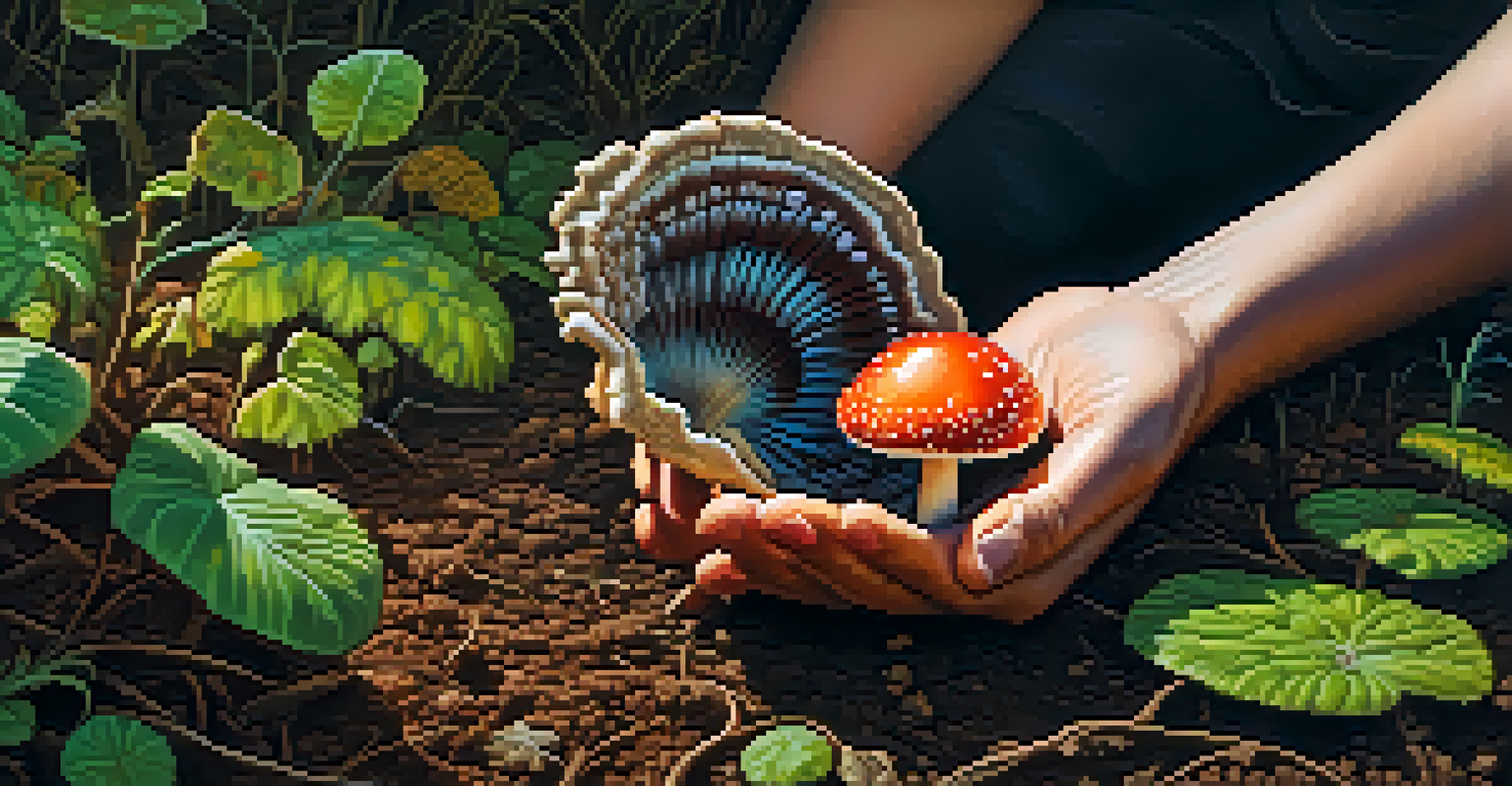 A close-up of a colorful mushroom held in a hand, surrounded by soil and green leaves.