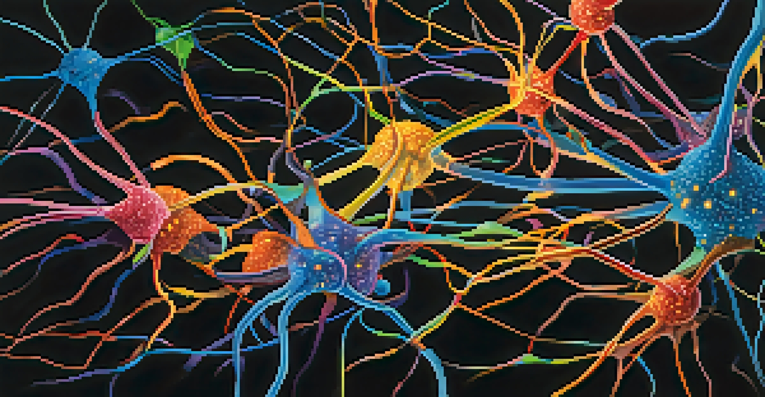 An abstract depiction of brain neurotransmitter interactions, showcasing glowing neurons and colorful pathways against a dark background.