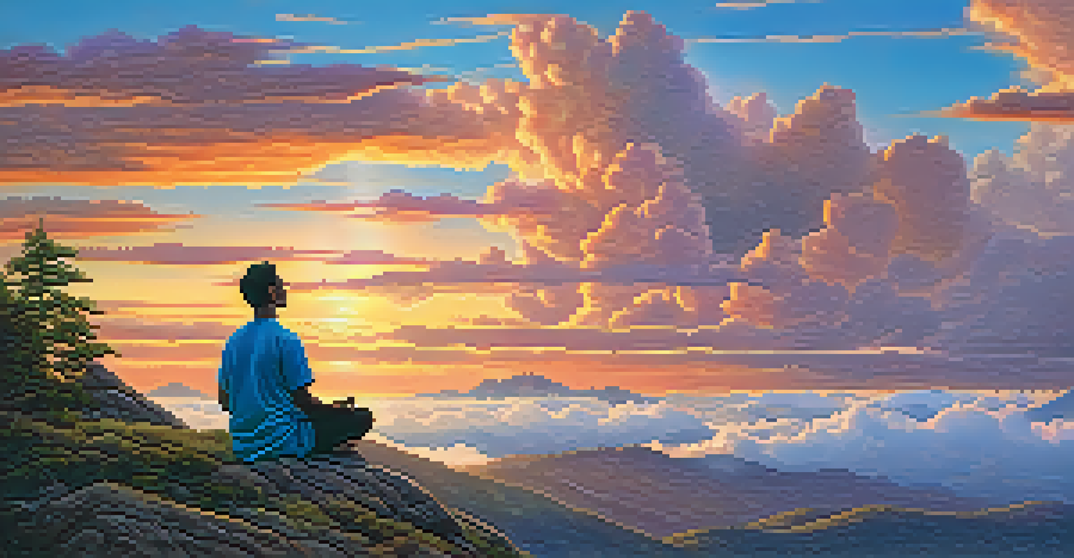 A silhouette of a person meditating on a mountaintop at sunrise, surrounded by clouds and a colorful sky.