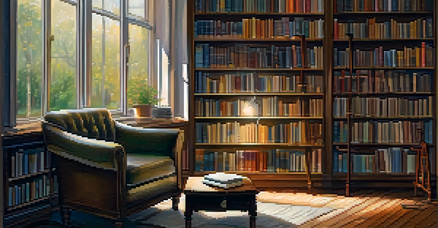 A warm, inviting room with bookshelves, an armchair, a rainy window, and a cup of tea next to an open book.