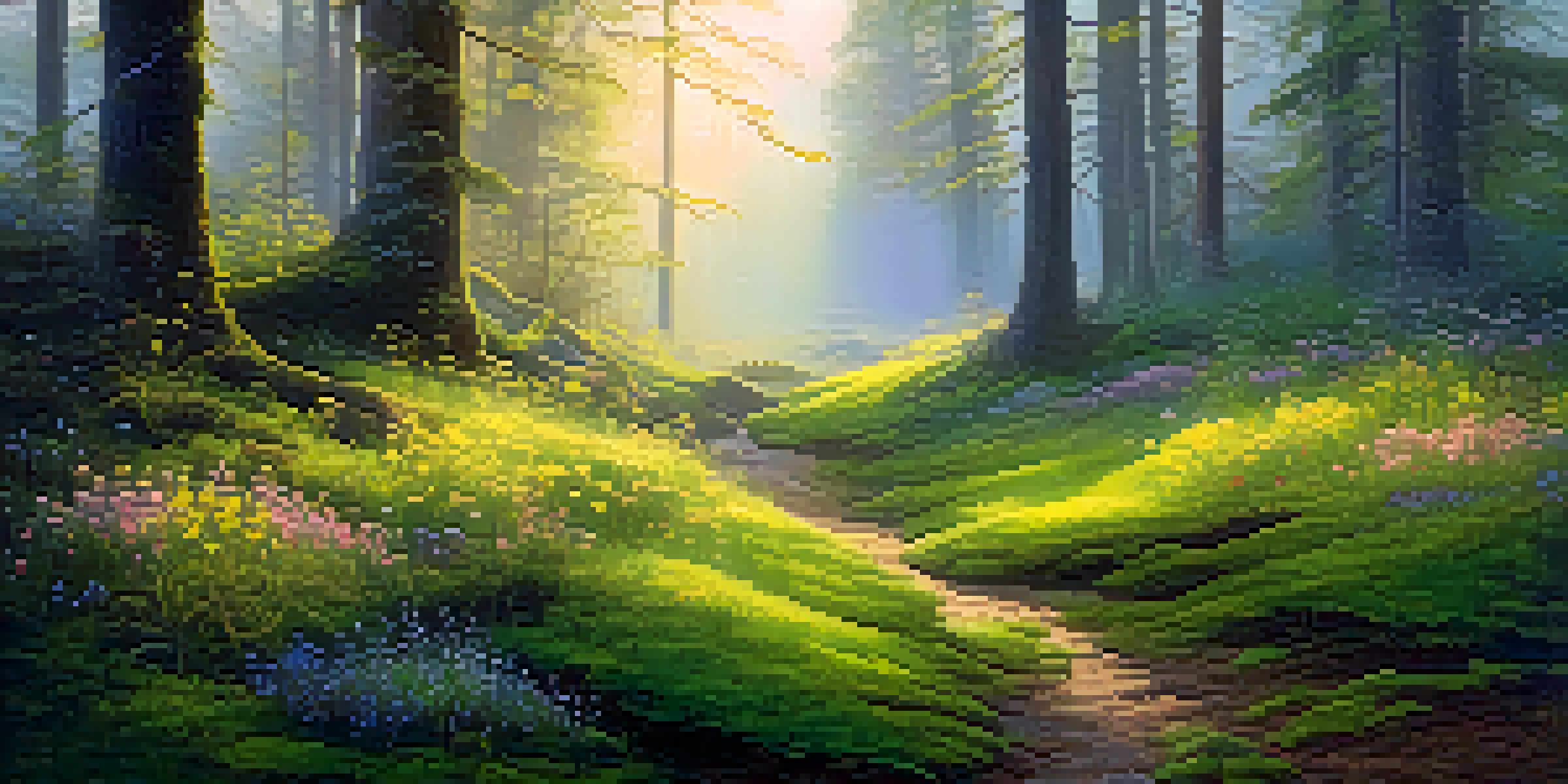 A peaceful forest at dawn with golden light, green moss, and blooming wildflowers.