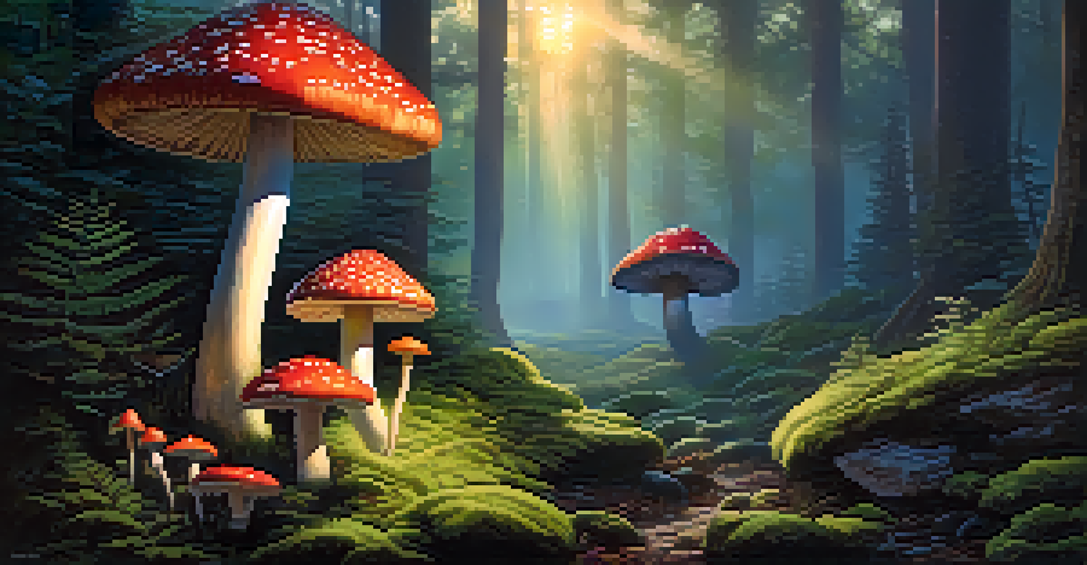 A tranquil forest at twilight featuring colorful glowing mushrooms, dappled sunlight, and a gentle mist.